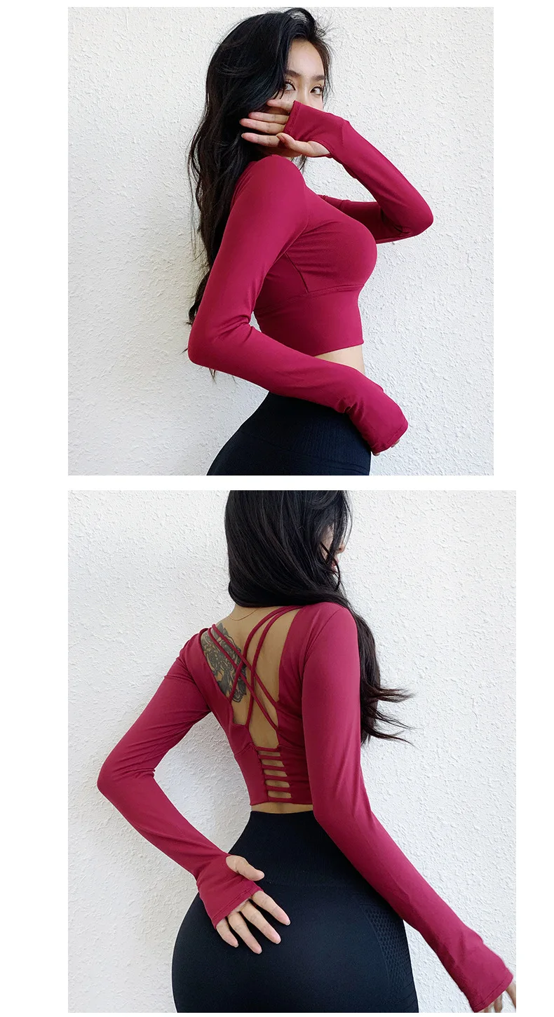 Women Back Straps Gym Yoga Crop shirt Tops Yoga Paded Long Sleeve Training Top Fitness Running Sport T-Shirts
