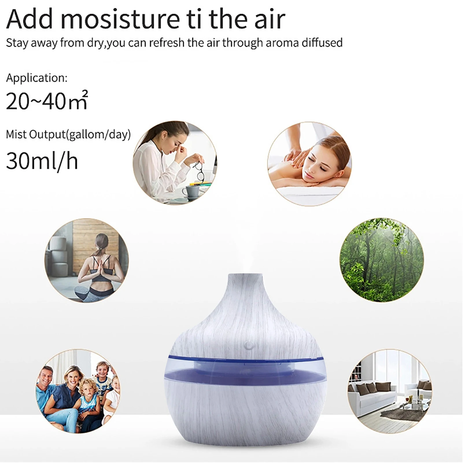 Aroma Oil Diffuser 300ML Essential Aroma Oils Diffuser 5V Electric Humidifier Wood Grain Colorful Luminous Air Humidifier USB Mini Mist Maker