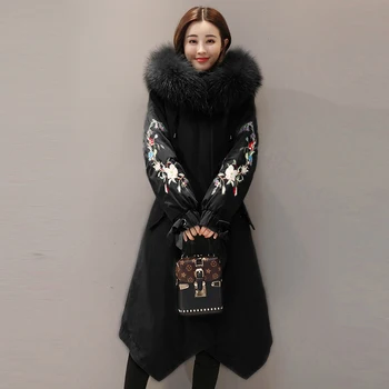 

Thick Warm Down Cotton Coat Female 2020 Loose Outerwear Winter Jacket Women Vintage Embroidery Big Fur Collar Hooded Parka Femme
