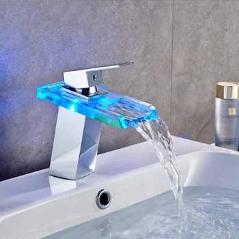 

Temperature Control Three-Color LED Light-Emitting Glass Faucet Square Waterfall Basin Counter Basin Hot and Cold Water Faucet