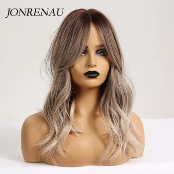 JONRENAU 16 Inches Synthetic Platinum Blonde Hair Long Natural Wave Ombre Brown Mixed Color Party Wigs for White/Black Women 2