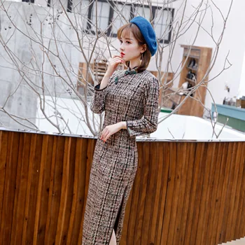 

Winter Thicken Worm Formal Party Dress Women Velvet Cheongsam Check Print Flower Qipao Sexy High Split Elegant Vestidos