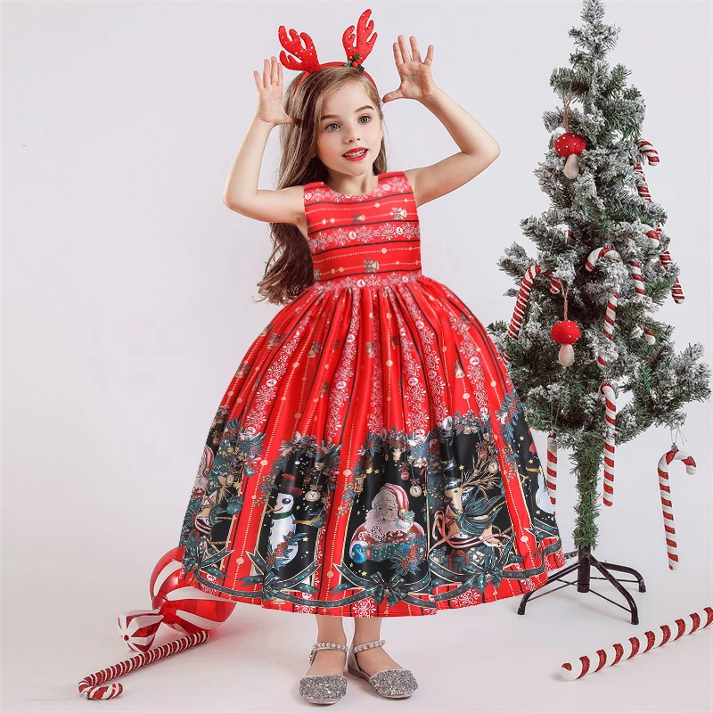 Santa Claus Print Red Christmas Dress Evening Cosplay Gift for Girls Princess Ball Gown Funny Party SD054 | Детская одежда и обувь