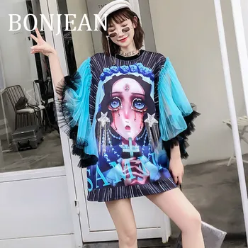 

2019 Summer Tops and Tees Mesh Patchwork Loose Blue Shirt for Women Short Sleeve Beading Print Long Shirts BJ1349