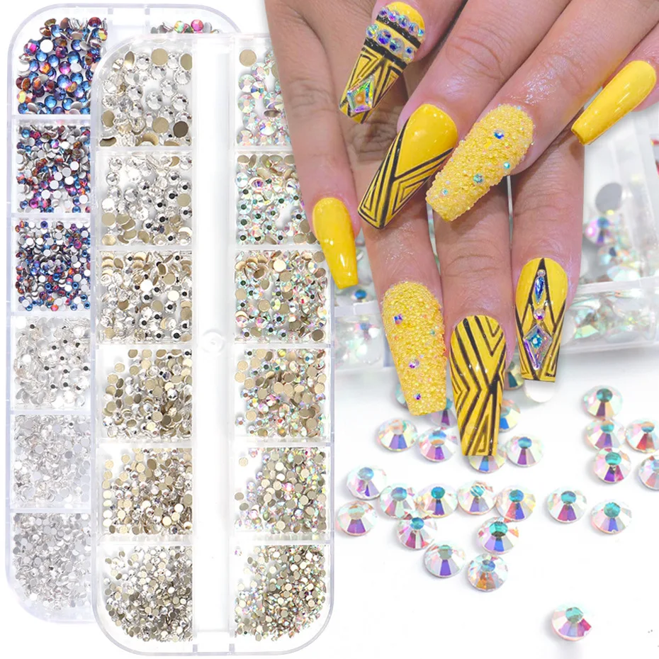 1Box Multi Size Glass Nail Rhinestones Mixed Colors Flat-back AB Crystal With tools 3D Charm Gems  Manicure Nail Art Decorations