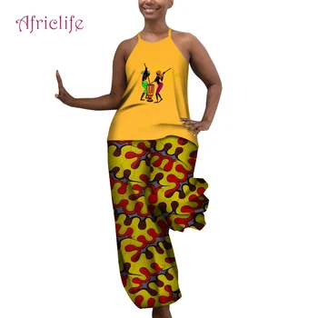 

Newest Design African Women 's Day Clothes Sey Strap Top and Width Banding Pants Ethnic Strap Clothing for Fashion Lady WY5493