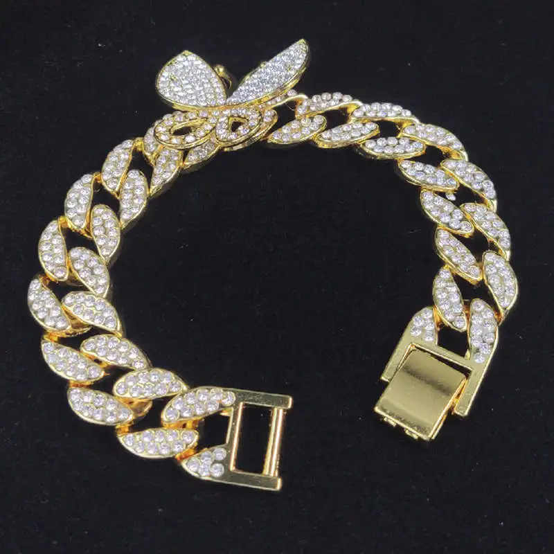 Hip Hop Bling Iced Out Männer der Rapper Armband Voller Strass Pflastern Mit Schmetterling Miami Cuban Link Kette Armband für männer Schmuck