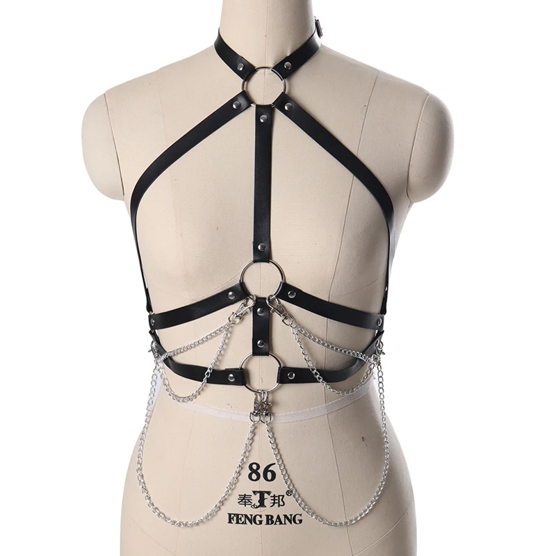 

Goth Necklace Cupless Bra Leather Link Chain Harness Crop Top Punk Women Body Bondage Chest Strap Metal Chains O Rings Waistband