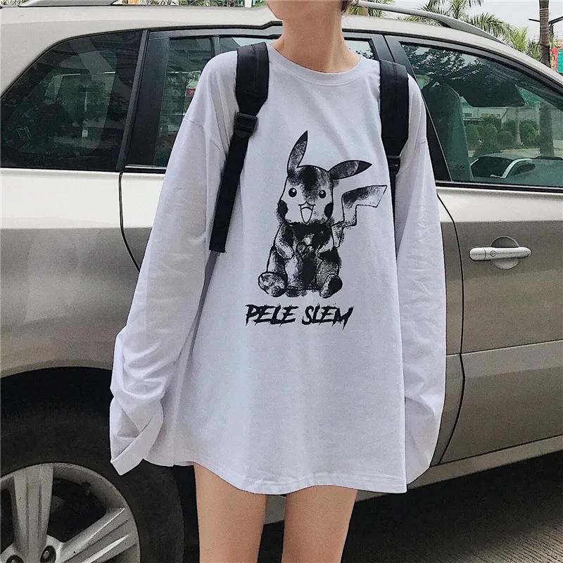 Harajuku женские футболки с принтом Покемон Повседневная Уличная Корейская одежда Kawaii Белая негабаритная Camisa Feminina с длинным рукавом