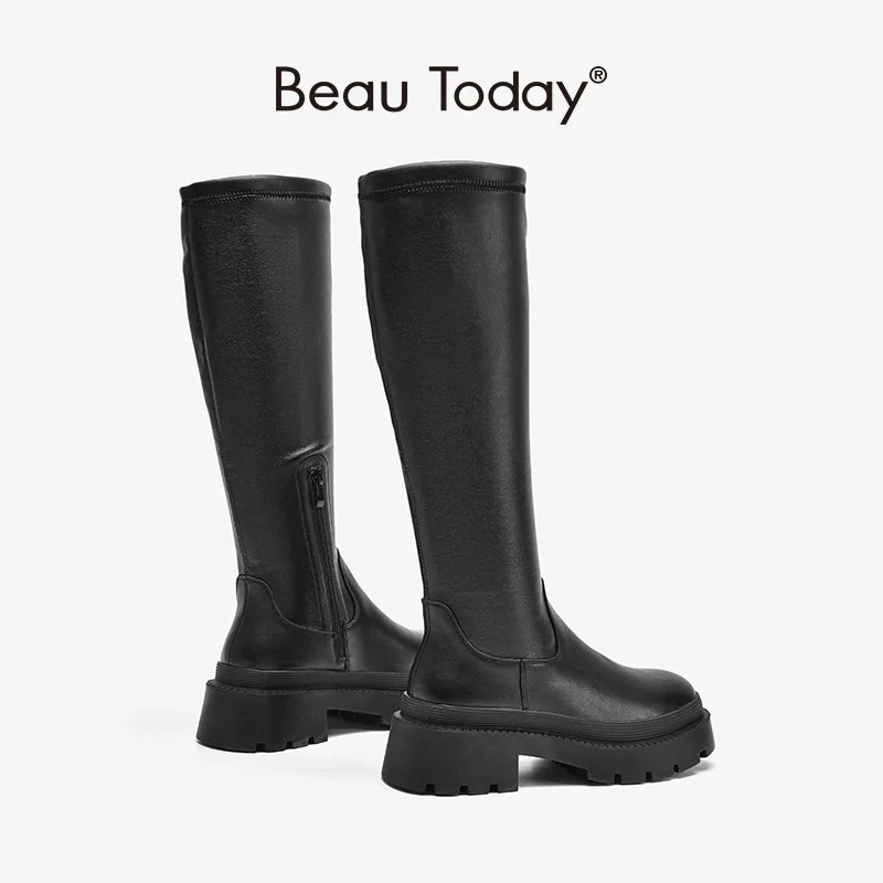 BeauToday 여성용 플랫폼 롱 부츠, PU 암소 가죽 패치워크, 라운드 토 사이드 지퍼, 청키 힐, 겨울 숙녀 신발, 수제 01536
