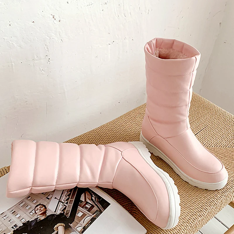Зимние теплые плюшевые ботинки на меху размера плюс 48 женские удобные ботинки до середины икры на плоской подошве женская обувь на платформе без шнуровки цвет черный, розовый, белый