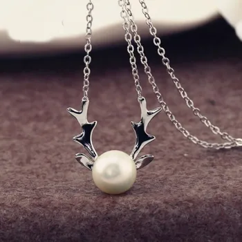 

Fine Reindeer Horns Pearl Necklace Pendants Korean Hot Sale 925 Sterling SilverJewelry Necklace H63