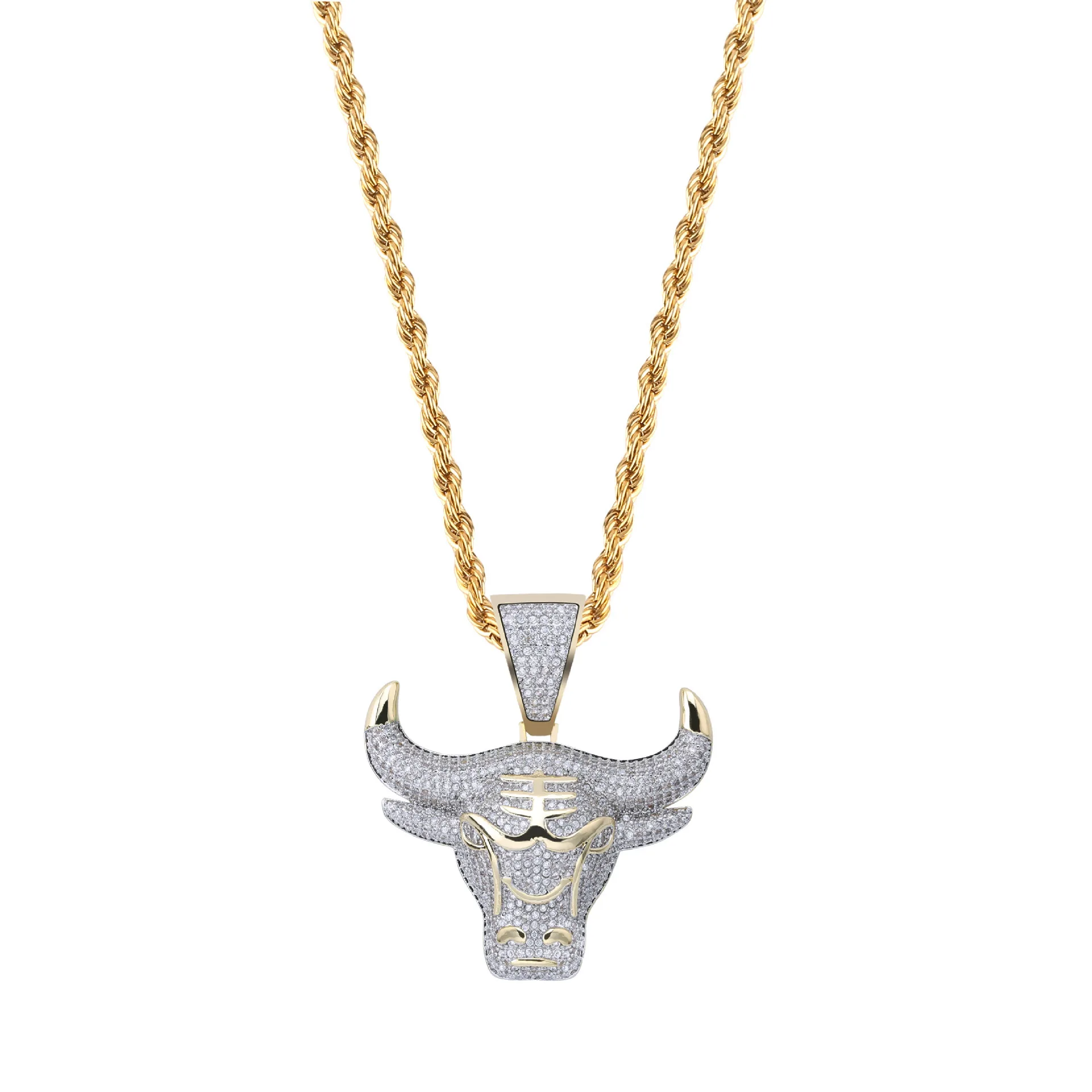 

Luxury Gold Ox Head Iced Out Pendant Necklace Crystal Zircon Gold Chain Motorcycle Party Men's Necklace Hip Hop Jewelry