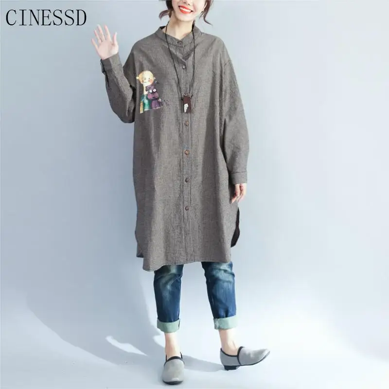 

Long Sleeve Plaid Blouse Shirt Dress Women Plus Size kimono cardigan Cartoon Autumn Shirts Womens Tops and Blouses Woman 2019