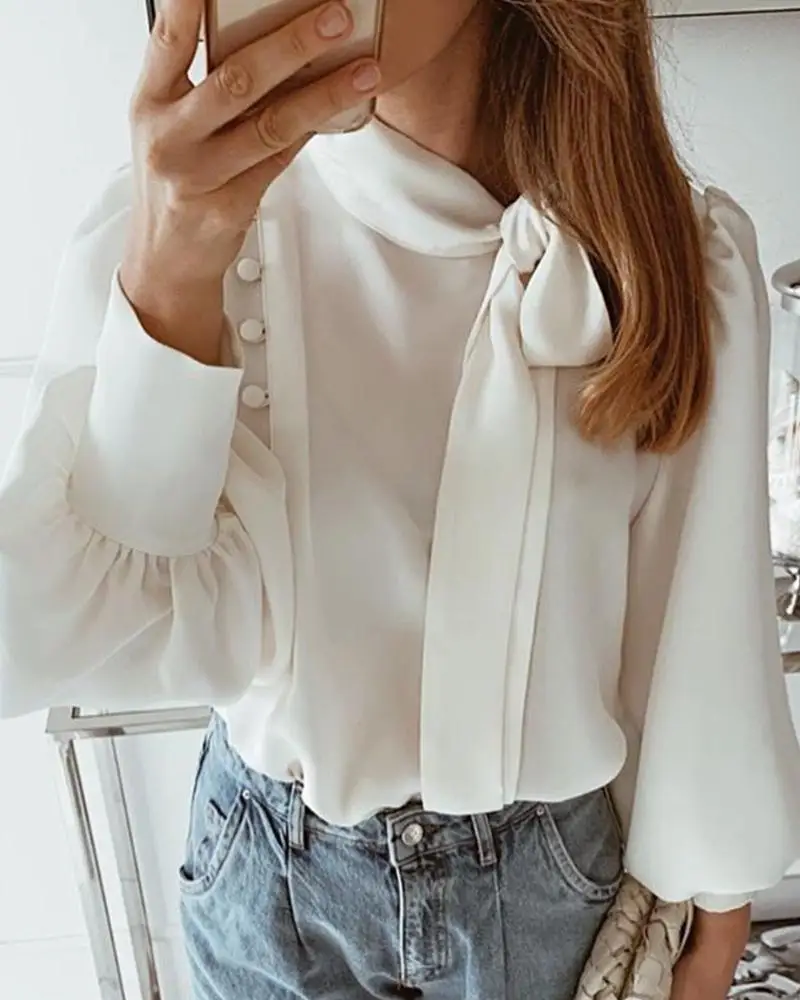 

2019 Fashion Solid O-neck Chic Casual Long Sleeve Autumn Fall Elegant Top Shirt Balloon Sleeve Scarf Neck Blouse