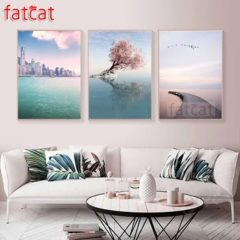 

FATCAT City tree bridge landscape diy 5d diamond painting full square round drill mosaic embroidery triptych decoration AE2401