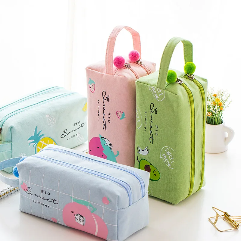 

Korean School Pencil Case for Girls Boys Pencilcase Kawaii Fruit Pen Box Big Cartridge Bag Large 2 Zippers Penal Stationery Cute