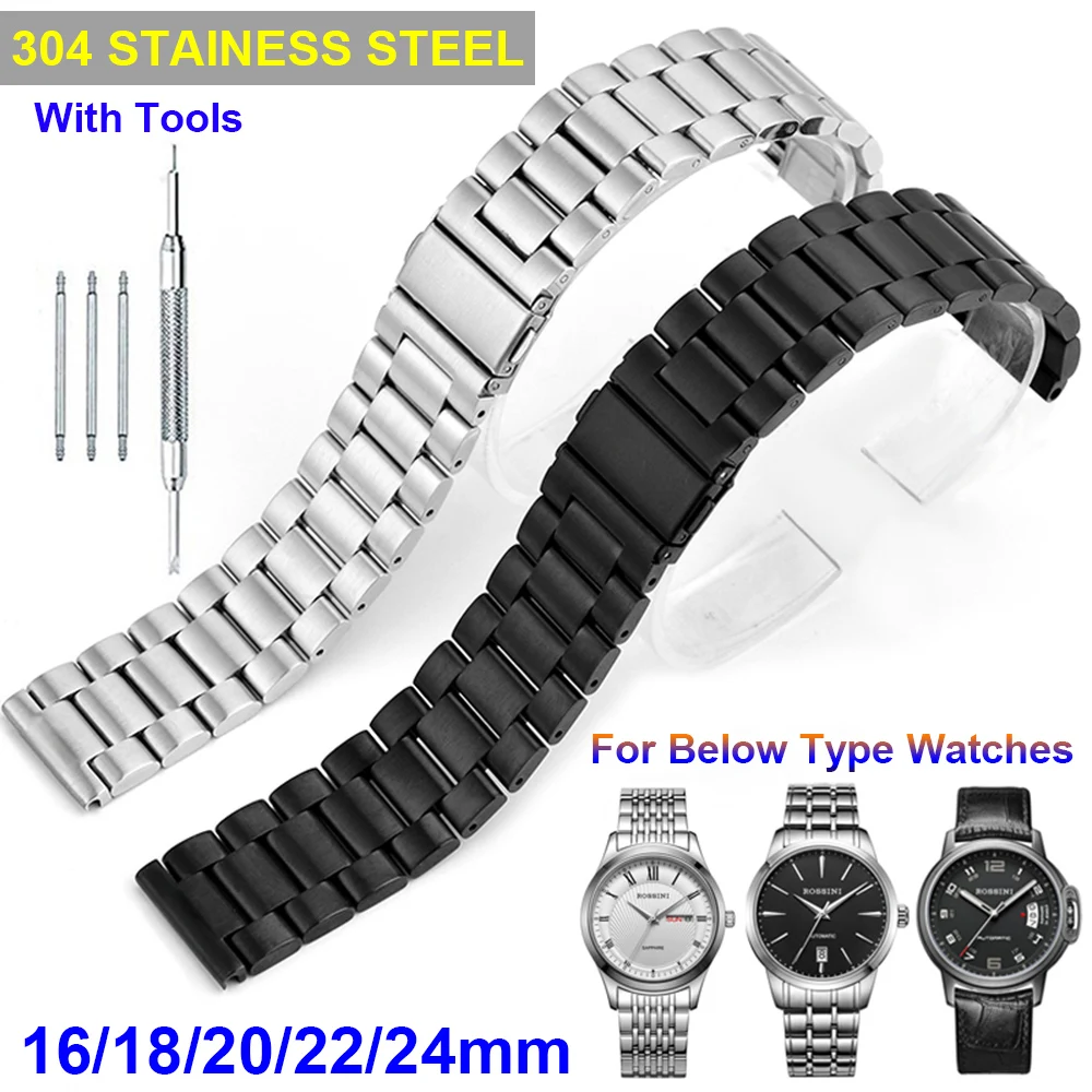 

Pure Solid 304 Stainless Steel Watch Band Black Silver Belt Buckle Clasp Replacement Watch Strap 16mm - 24mm Watchband D30