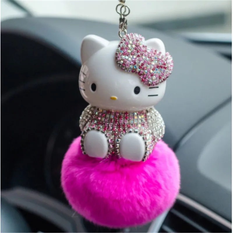  Cute Mirror Charms and Plush Ball Car Accessories for Women -  Crystal and Diamond Cat Rear View Mirror Hanging Ornaments and Decor :  Automotive