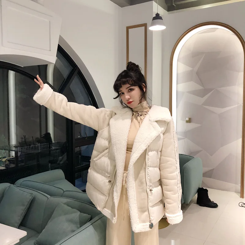 

Photo Shoot Autumn And Winter Fashion Lambs Wool Large Lapel Outdoor Cotton-padded Clothes Joint Fur Waist Hugging Elastic Coat