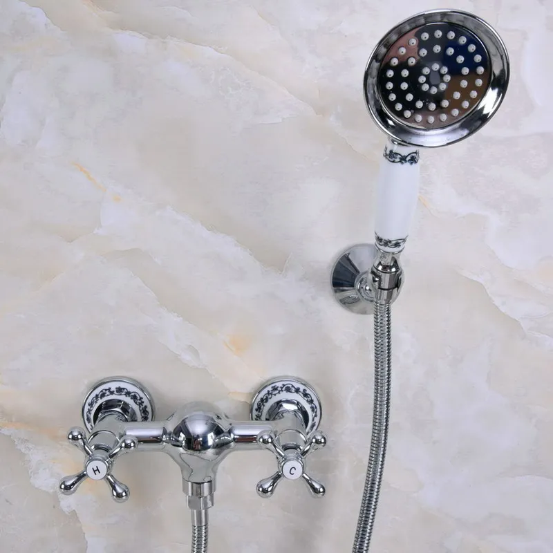 Polished Chrome Brass Bathroom Hand Held Shower Head Faucet Set Mixer Tap Dual Cross Handles mna276 | Обустройство дома