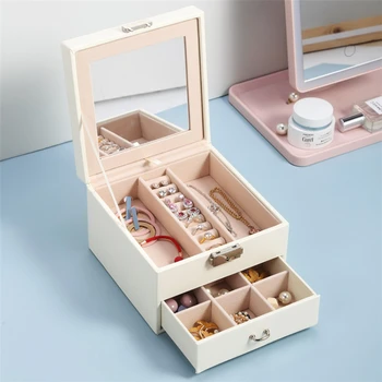 

JWWWBOX Korean Fashion 3 Colors Big Jewelry Box For Women Girls Modern Necklace Earrings Rings Jewelry Display Box With Mirror