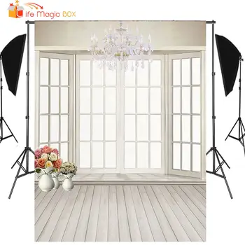 

LIFE MAGIC BOX Photocall Comunion Birthday Photo Backdrop Window Chandelier Mother's Day Photographic Background for Studio