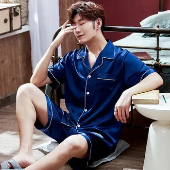 

New Men Pajamas Suit Satin 2PCS Sleepwear Satin Pajamas Sets Silky Shirt&Shorts Male Summer Sleep Set Casual Home Clothes
