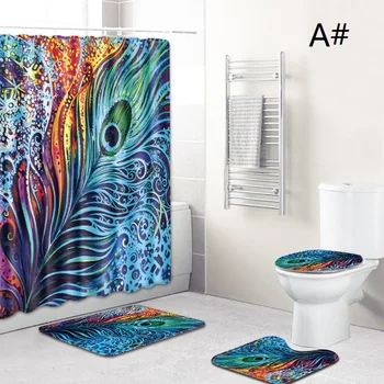 

4pc/set Bathroom Peacock feathers Non-Slip Pedestal Rug Lid Toilet Cover Bath Mat Waterproof Polyester Shower Curtains