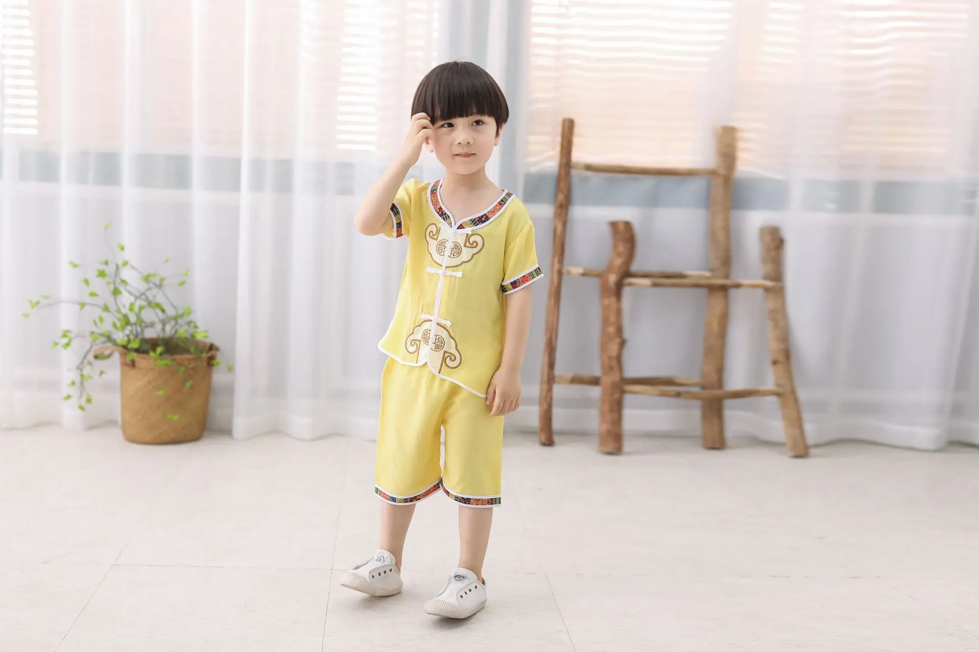 Summer New Style Chinese-style Childrenswear Short Sleeve Set Children Chinese Costume Chinese Clothing Good Luck Cotton BOY'S
