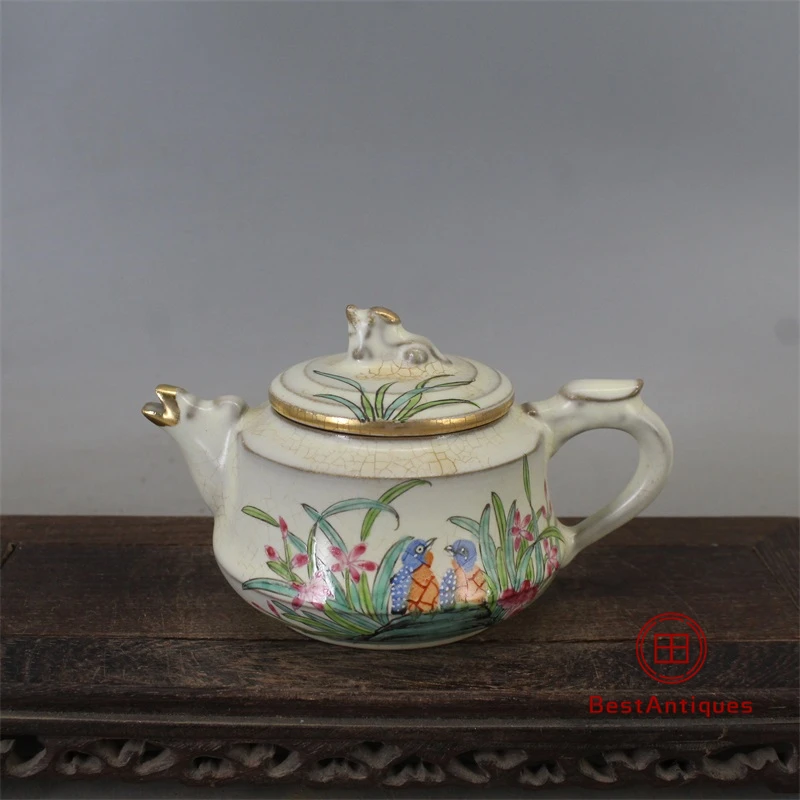 

Song Ruyao Moon White Glaze Gold Painting Flowers and Birds Holding Pots Antique Vase Decoration Porcelain Collection Home Decor