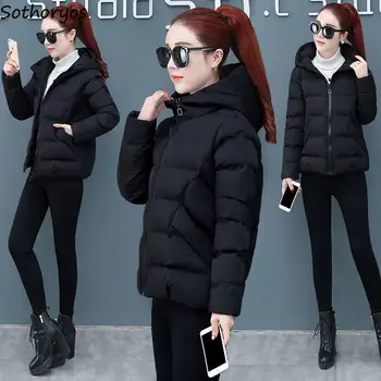 

Short Parkas Women Winter Zipper Hooded Puffer-coats Solid Korean Style Pockets Polyester-padded Leisure Trendy Warm Womens Chic