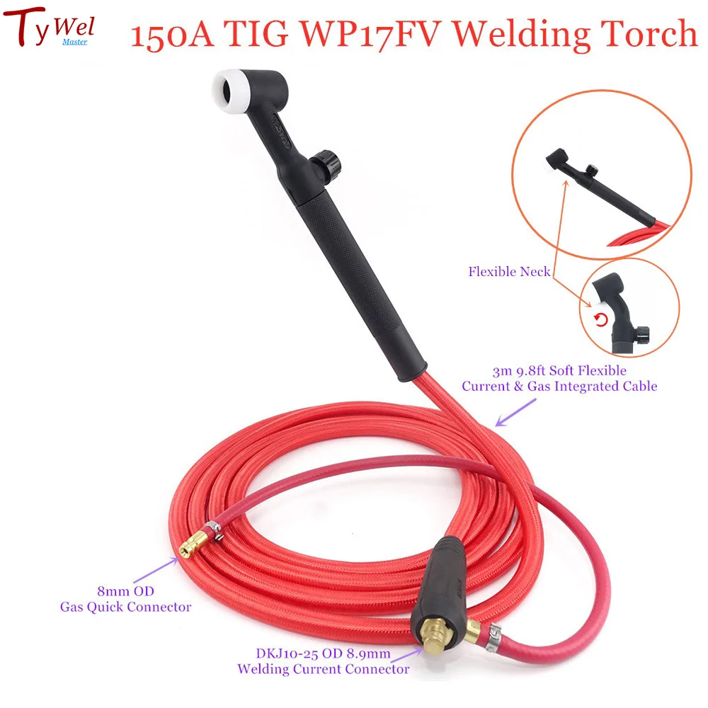 WeldingCity® Gas-thru Dinse-rear TIG Welding Torch WP-17FV Flex-Valve 150A 25-ft 