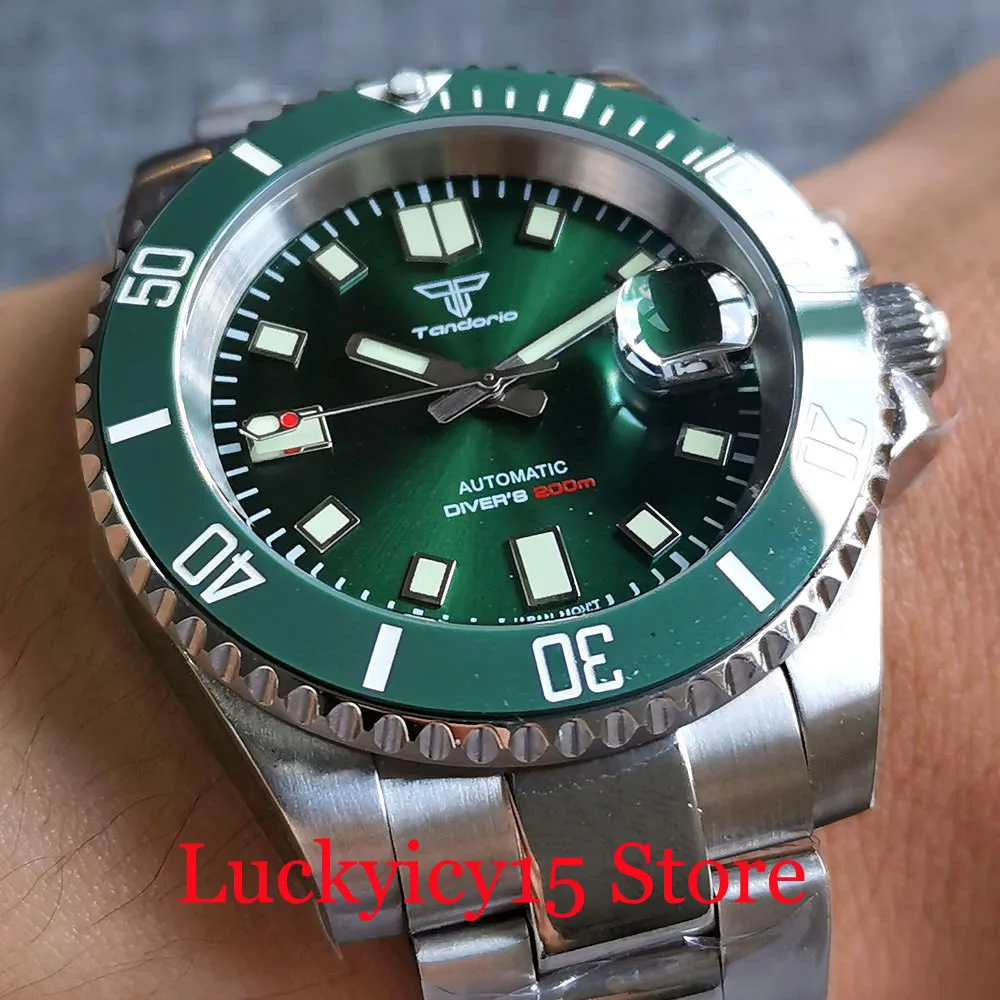 200M Waterproof Tandorio Brand Green Luminous Sunburst Dial Hand Japan NH35A Blue Men Watch Automatic Watch Polished Strap