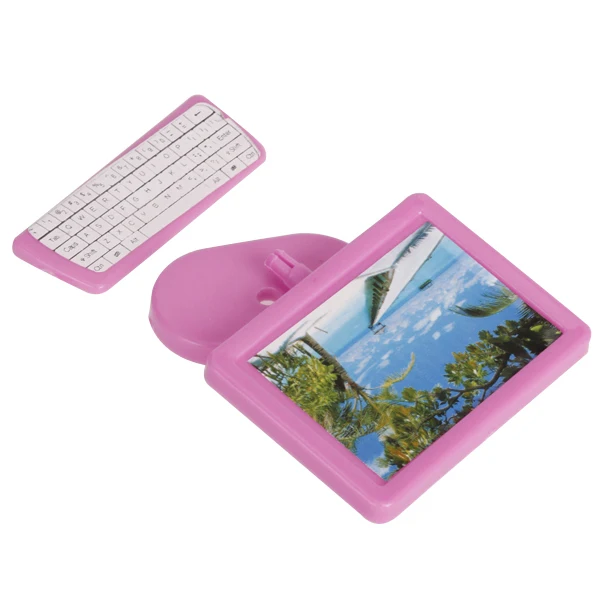 Set of 3PCS Minitor Stand Keyboard Miniature Computer Set FOR  Dolls Educational Study Supplies Pink