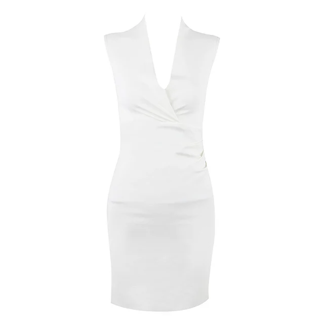 Летнее Новое Женское модное сексуальное Белое обвязанное платье без рукавов драпированное платье с воротником бодикон Клубное вечернее платье Vestidos - Цвет: Белый