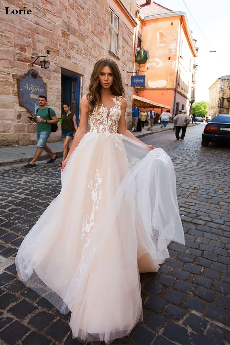 LORIE свадебное платье трапециевидной формы цвета шампань Тюль Бохо невесты платья с открытой спиной Vestido De Novia принцесса свадебное платье
