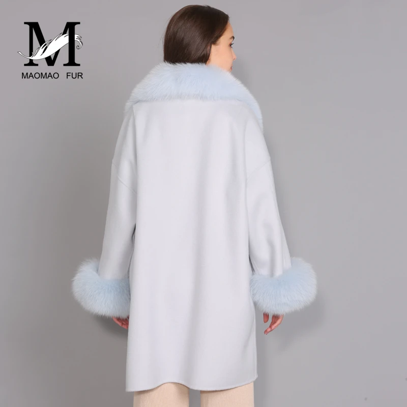 MAOMAOFUR кашемировое пальто Женская длинная стильная синяя Розовая Одежда с воротником из натурального меха лисы одежда в полоску Женская шерстяная куртка