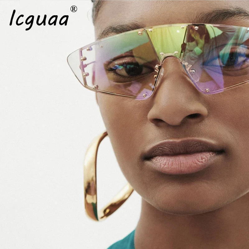 

Oversized Rimless steampunk Sunglasses Women Vintage Luxury Brand Fashion Onepiece Men sunglasses women 2019 Gafas Glasses UV400