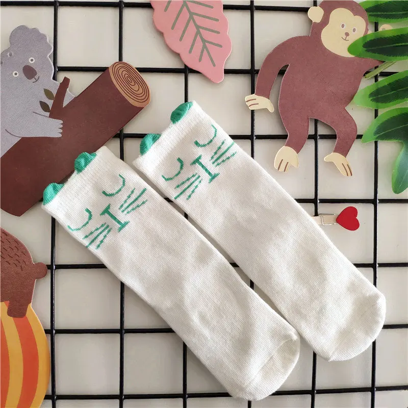 Хлопковые носки для новорожденных мальчиков носки до колена с принтом животных для маленьких девочек Нескользящие гетры с рисунком кота, детские длинные носки - Цвет: white green cat
