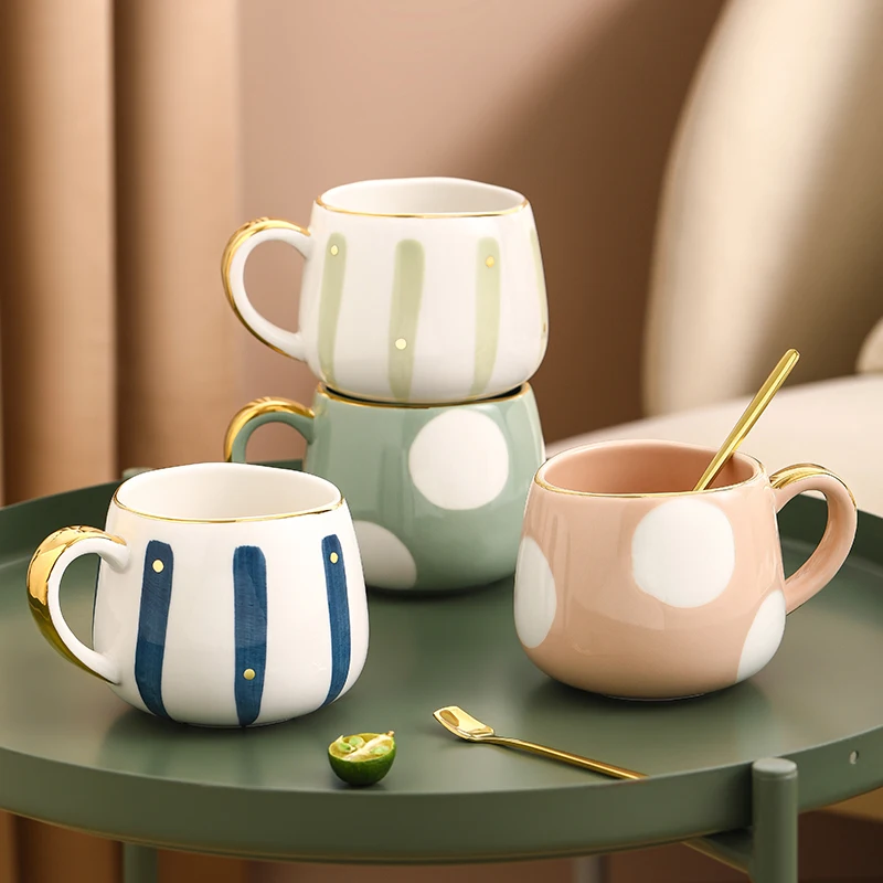 Personalized Ceramic Coffee Mug Creative Design Strips Dots Water Milk Juice Cup 380ml Pink Green Blue Nordic Style Ins Hot | Дом и сад