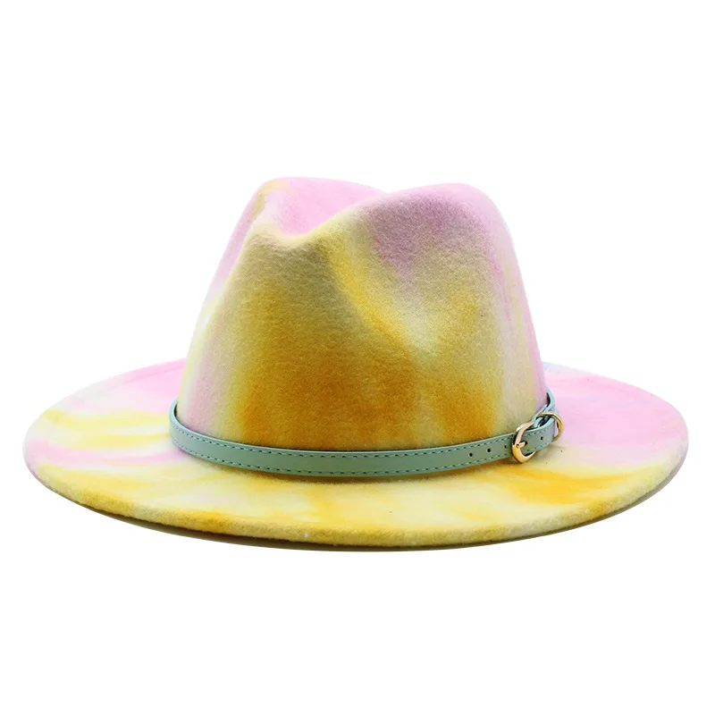 56-58cm Tie dye Wide Brim Fedora Hat Women Men Wool Felt Jazz Hats with Simple Belt Church Derby Top Hat mens fedora