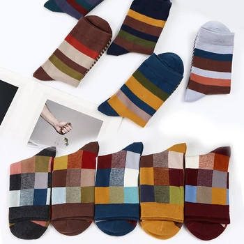 

Men Size 39-45 Compression Socks Fashion Colorful Soft Comfortable 5 Pairs/Lot Strip Square Free Size Combed Cotton Men's Socks