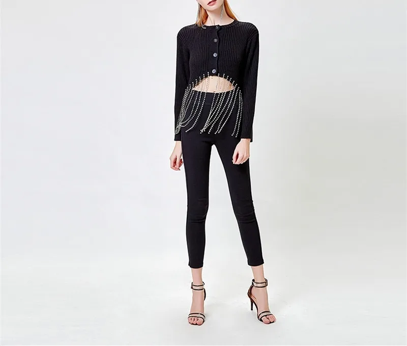 WHITNEY WANG осень мода уличная Bling Dimaonds бахрома женский кардиган джемпер sueter mujer invierno