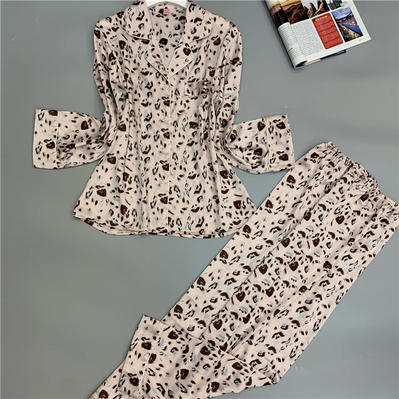 pink leopard Весенний пижамный комплект для сна, Сексуальная атласная пижама из искусственного шелка, женская летняя Пижама, Женская пижама, женская пижама, комплект из 2 предметов - Цвет: pink leopard