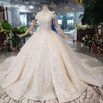 شراءHTL310 فساتين زفاف فاخرة مع الدانتيل لامعة خاصة قارب الرقبة الدانتيل يصل الظهر مشد زي العرائس للنساء Sukienka Biala