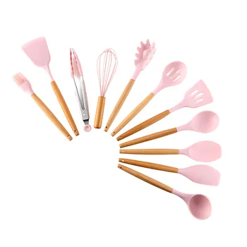 

11 Pcs Kitchen Utensil Set Heat Resistant Kitchen Utensil Set with Hard Wooden Handle Non-Stick Soup Spoon Spatula Whisk