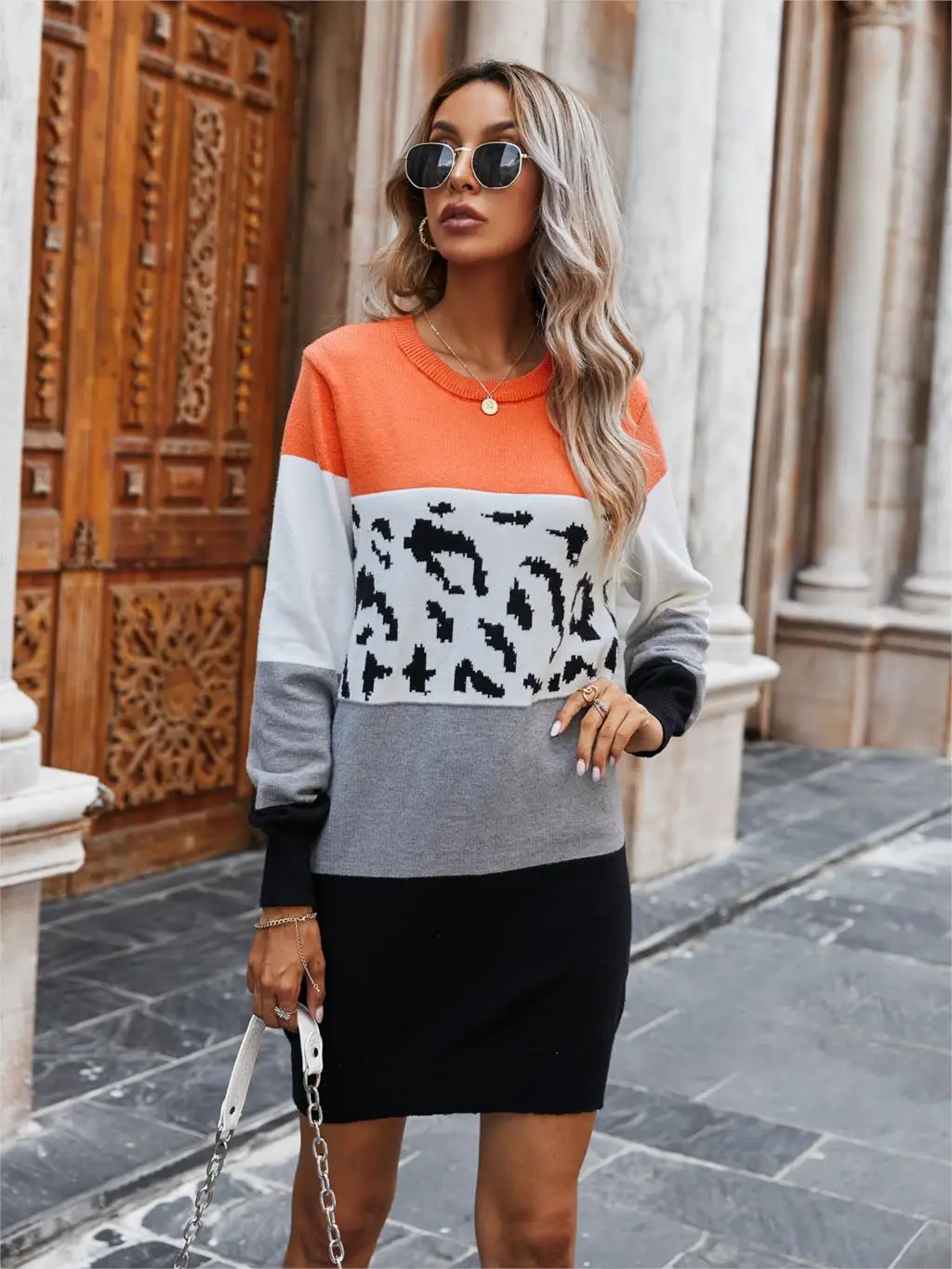 Chifirena Vintage Leopard Patchwork Sweater Dress Women O Neck Long Sleeve Winter Casual Robe Female Elegant Minie Vestidos