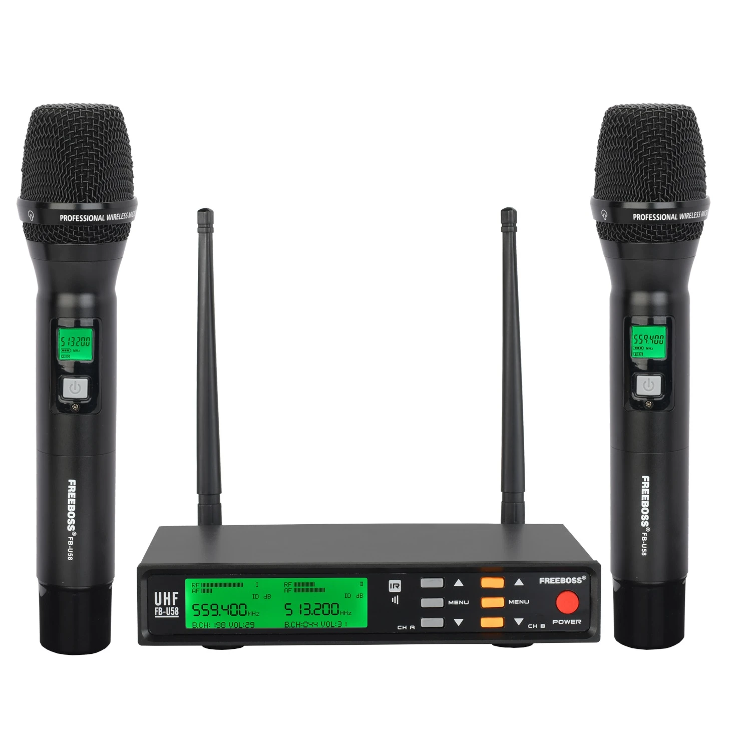 Freeboss FB-U58 UHF 2*200 Adjustable Frequency Metal handheld LCD Screen Smart Option ECHO and EQ effec Microphone System for DJ lavalier microphone