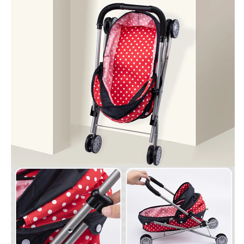 Lightweight Plastic 4-Wheels Dotted Baby Doll Stroller w/ Light Pretend Toys